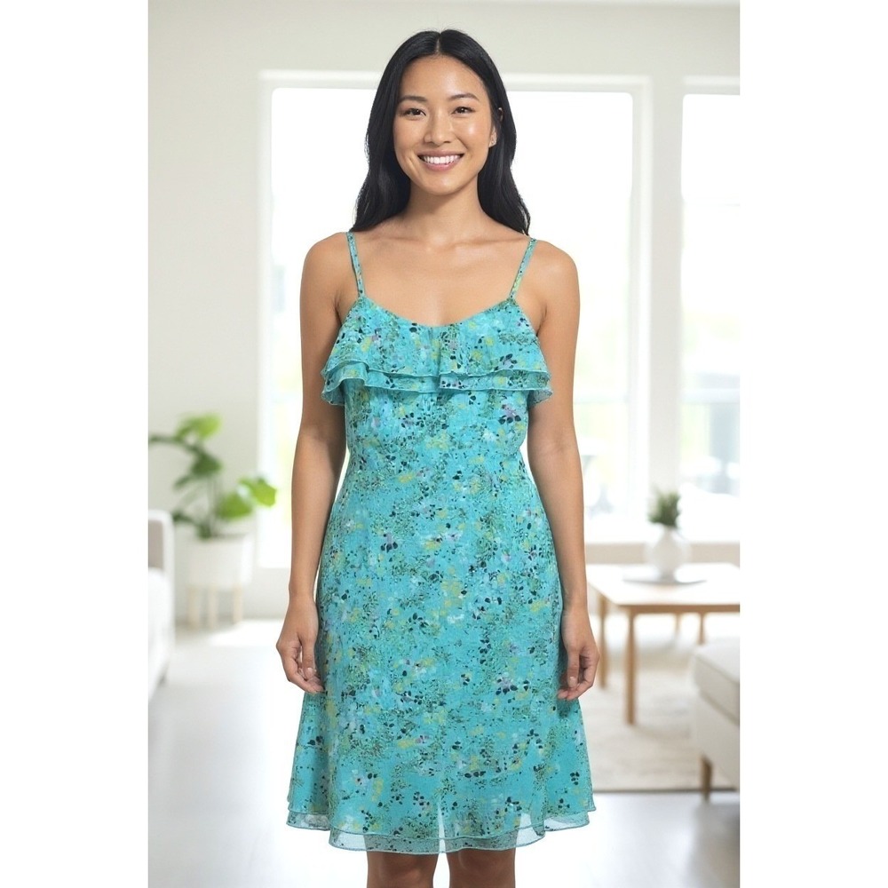 Mlle Gabrielle Midi Dress Sz‎ 8 Blue Floral Tiered Ruffles Balletcore Fairycore